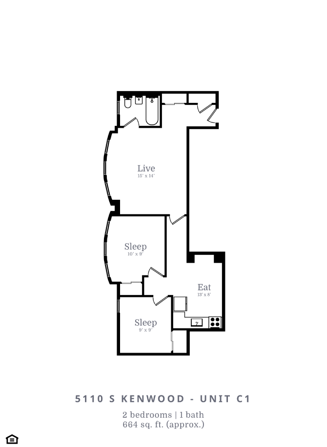 Floor plan for 2 beds, 1 bath, 664 sqft